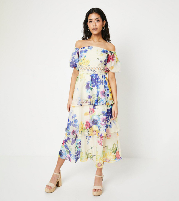 Petite Organza Floral Bardot Midaxi Dress