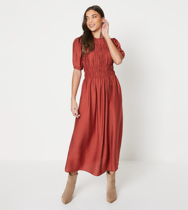 Petite Shirred Bodice Puff Sleeves Midi Dress