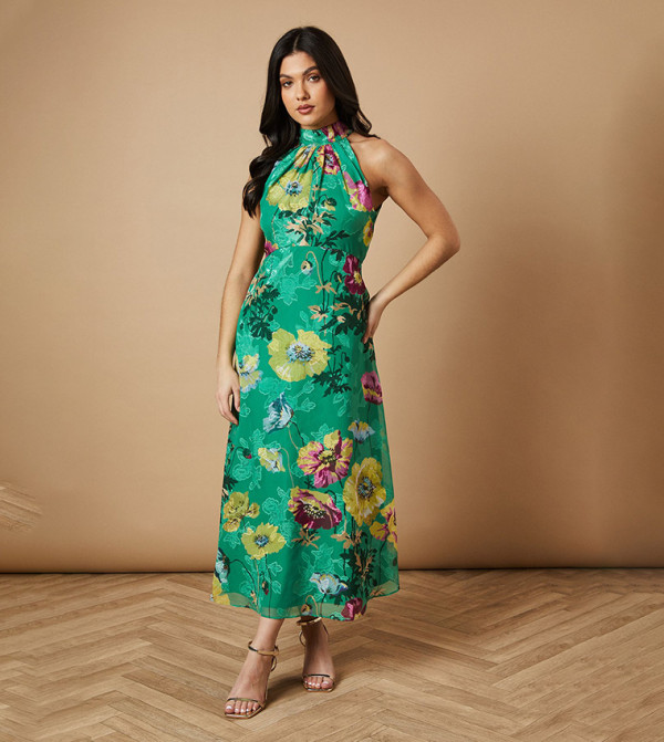 Floral Print Satin Burnout Halterneck Midi Dress