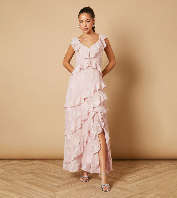 Ruffle Jacquard Print Split Maxi Dress