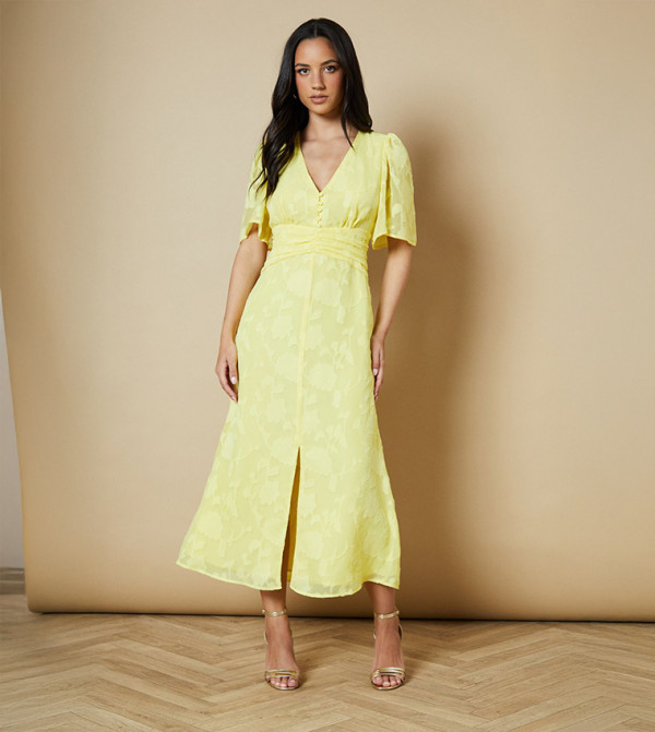 Button Front Jacquard Midi Dress