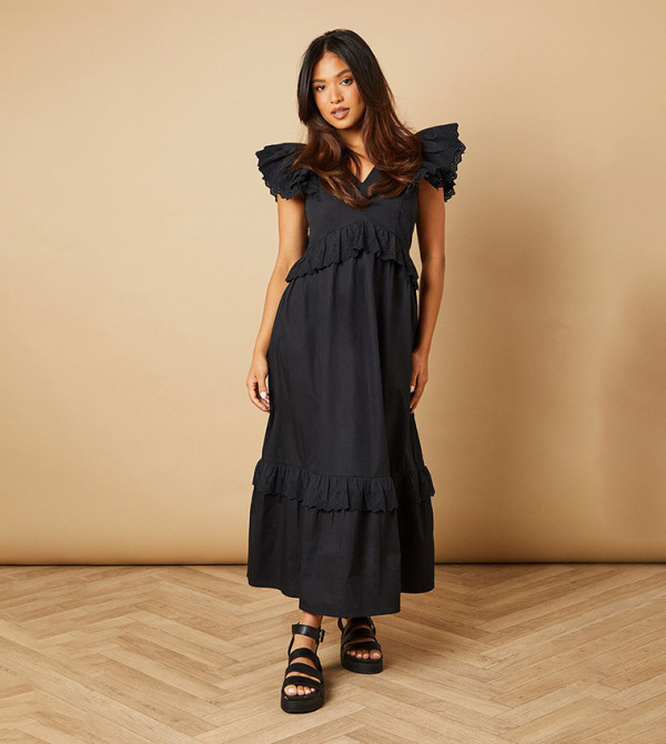 Petite Broderie Panel Ruffled Maxi Dress