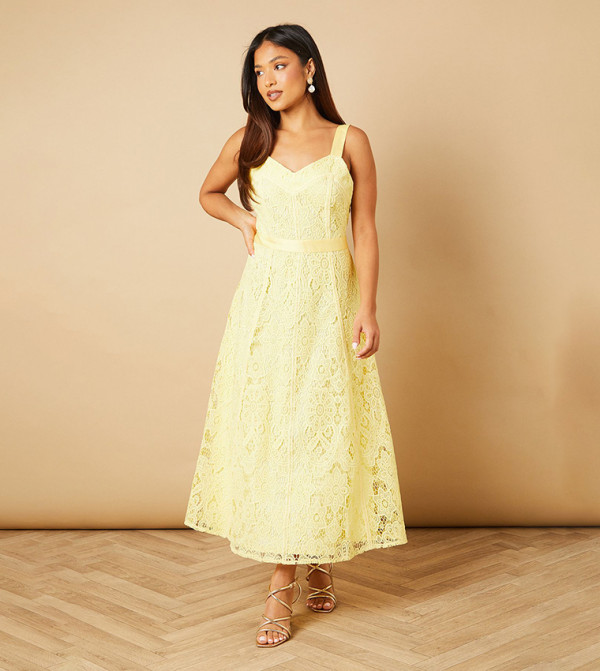 فستان ميدي بياقة V ودانتيل وزهور للمقاسات الصغيرة