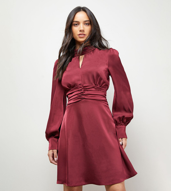 Satin Ruched Waist High Neck Balloon Sleeves Mini Dress