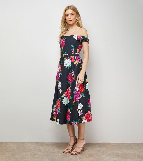 Printed Bow Front Off Shoulder Midi Dress