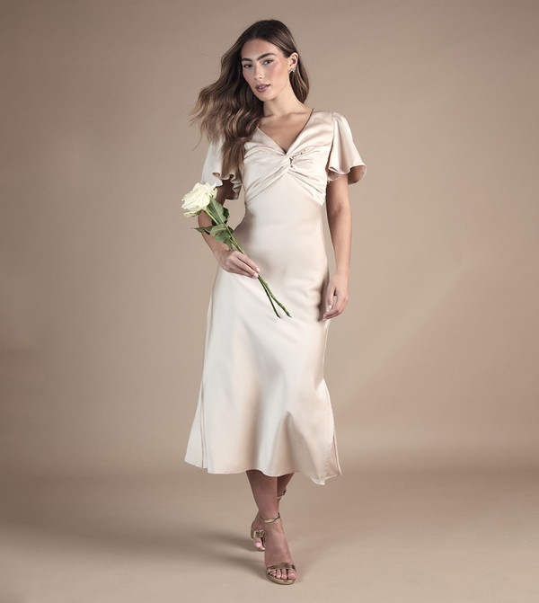 Petite Satin Twist Angel Sleeves Midi Bridesmaid Dress