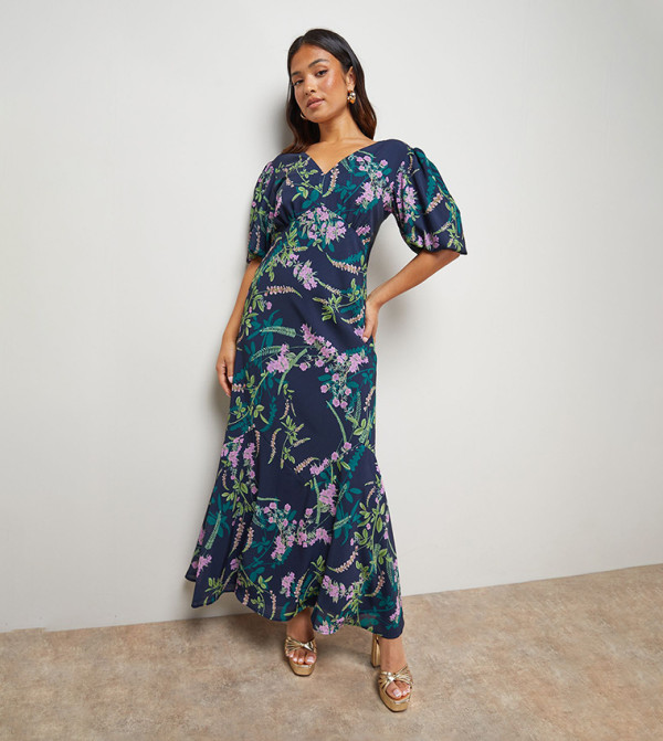 Petite Printed Chiffon Puff Sleeves Fishtail Midaxi Dress