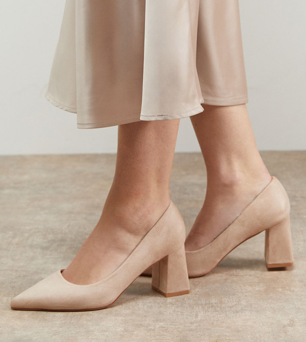 Val Faux Suede Pointed Toe Block Heel Pumps