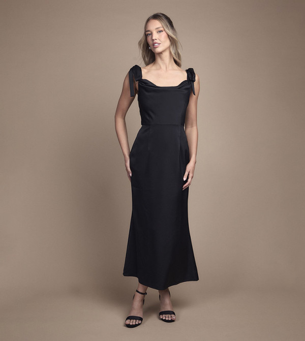 Satin Tie Shoulder Cowl Front Midaxi Bridesmaid Dress
