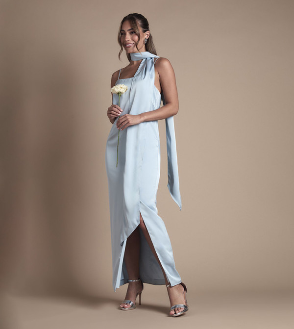 Strappy Satin Maxi Bridesmaid Dress with Scarf