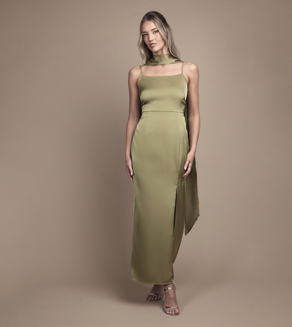 Strappy Satin Maxi Bridesmaid Dress with Scarf