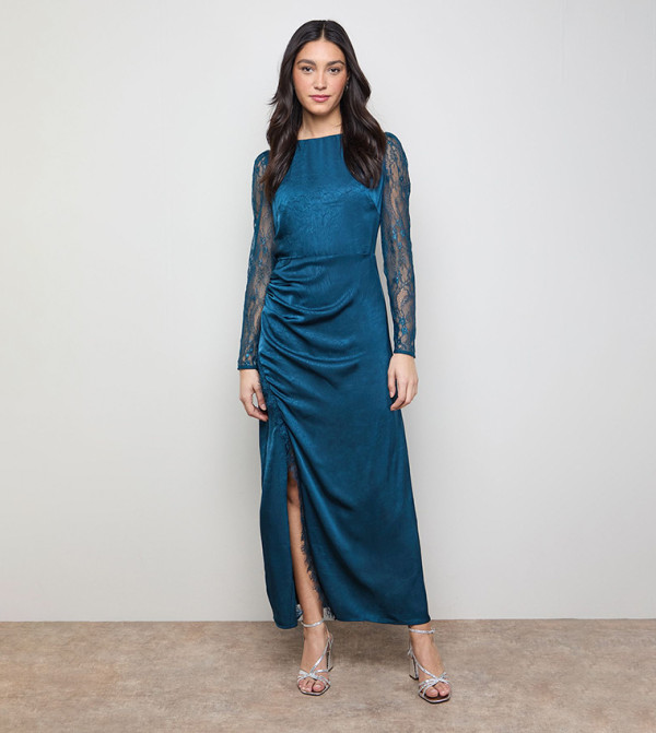 Lace Sleeves Split Front Satin Midaxi Dress