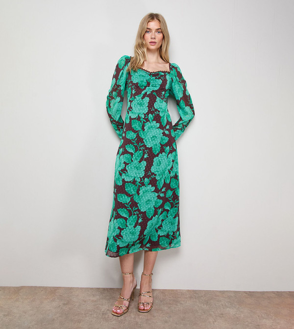 Printed Chiffon Shoulder Detail Shirred Back Midi Dress