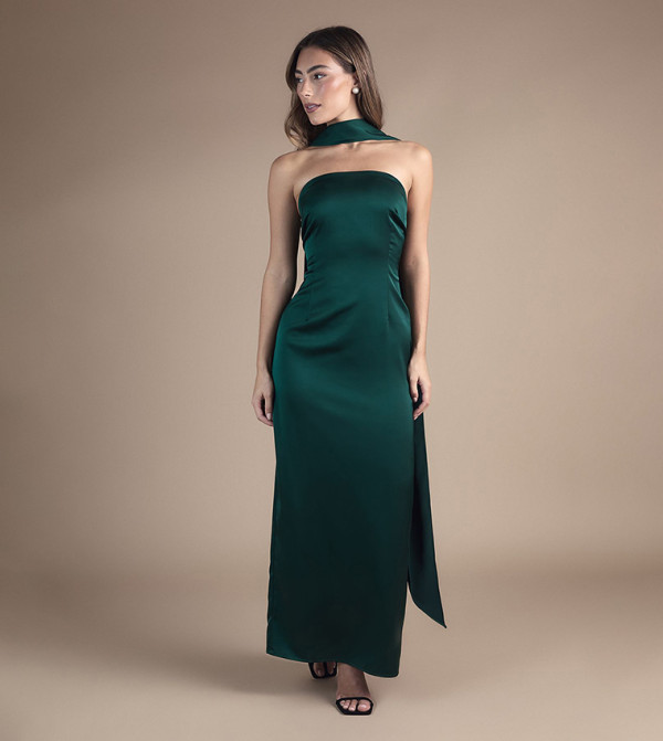 Bandeau Satin Bridesmaid Maxi Dress with Scarf