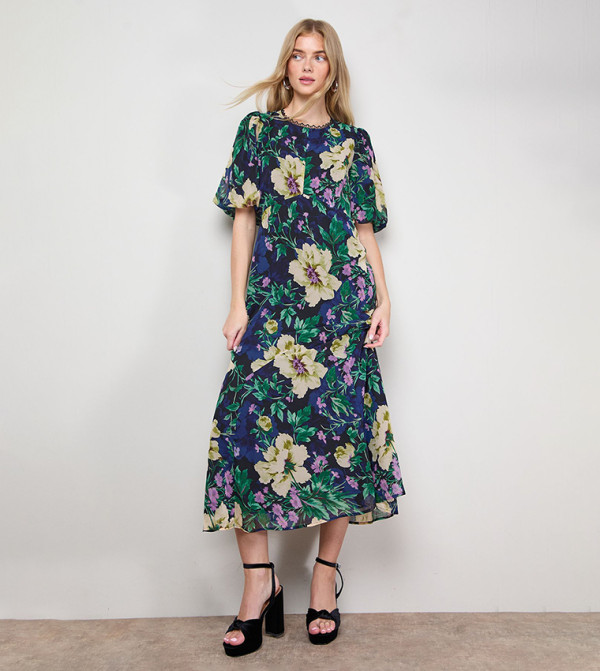 Puff Sleeves Trim Detail Panelled Tea Dress
