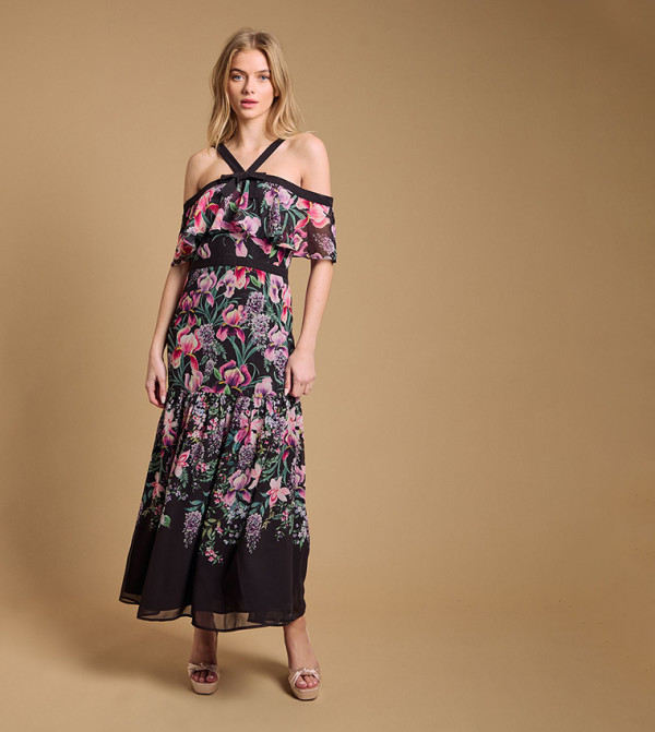 Printed Bow Detail Halterneck Bardot Maxi Dress