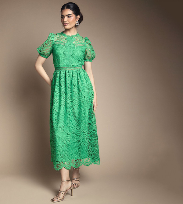 Lace Puff Sleeves Fit and Flared Midi Dress