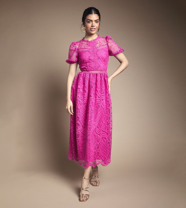 Lace Puff Sleeves Fit and Flare Midi Dress