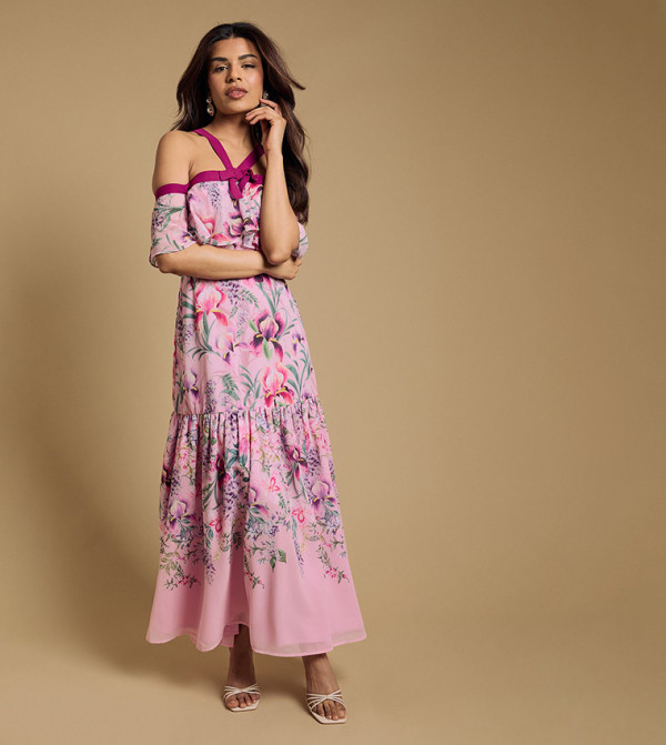 Petite Bow Detail Halterneck Bardot Maxi Dress