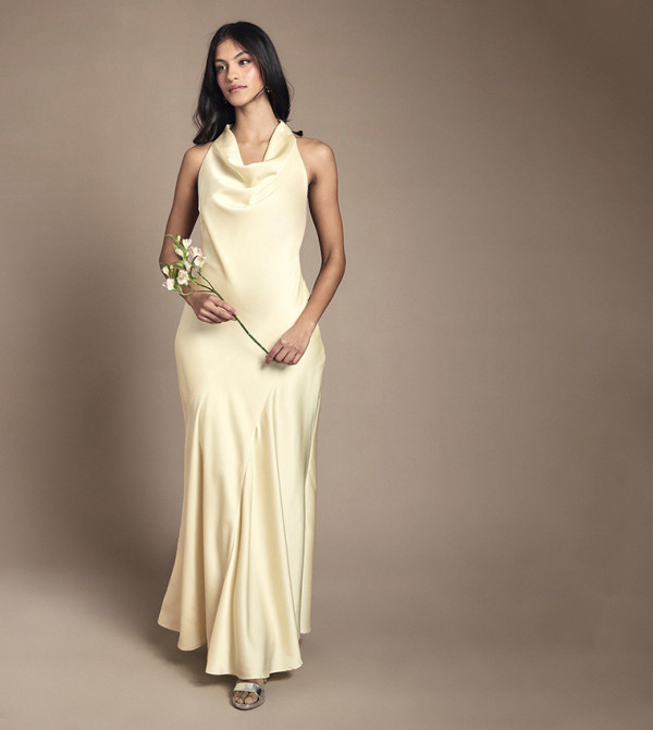 Petite Cowl Halterneck Satin Maxi Bridesmaid Dress
