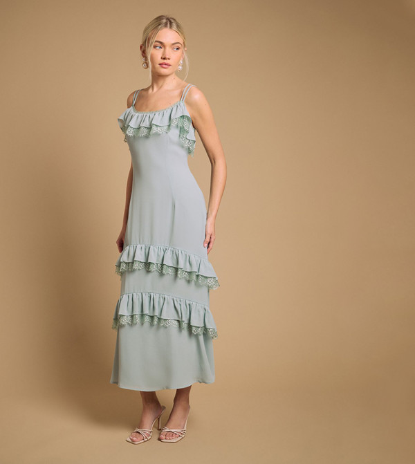 Cape Detail Ruffle Slip Midaxi Dress