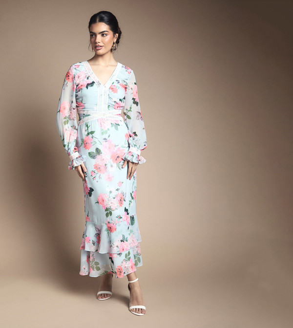 Printed Tiered Bias Midi Dress