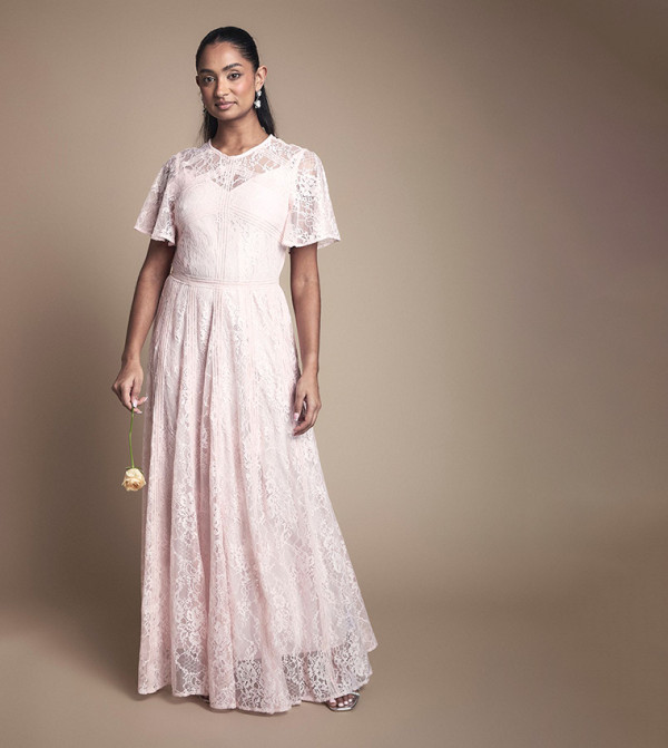 Short Sleeves Lace Bridesmaid Maxi Dress
