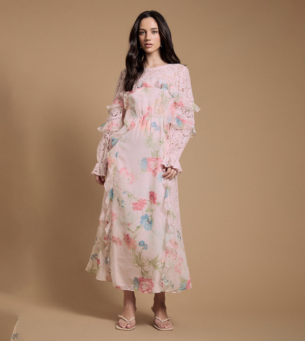 Lace Mix Frill Midaxi Dress