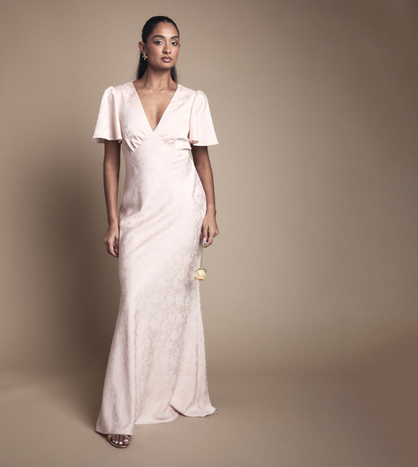 فستان ماكسي ساتان جاكار بكم واسع