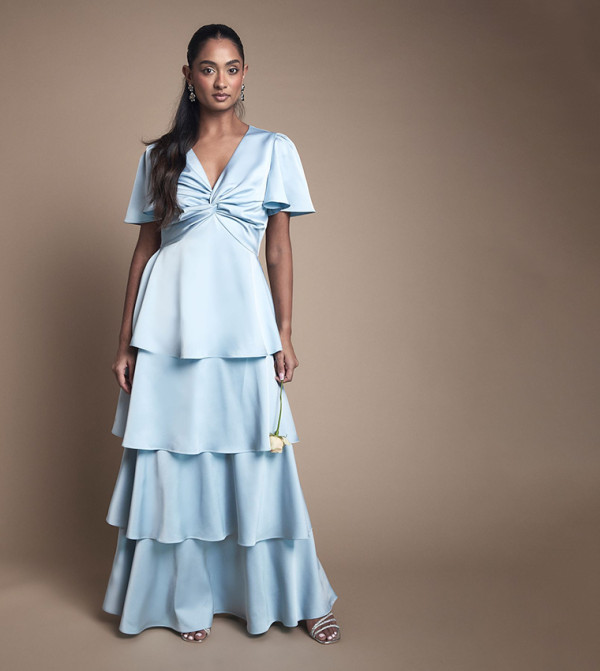 Satin Twist Front Tiered Maxi Bridesmaid Dress