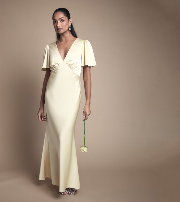 Deep V Fluted Sleeves Maxi Bridesmaid Dress