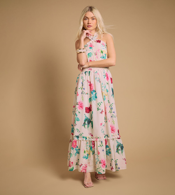 Printed Frill Halterneck Maxi Dress