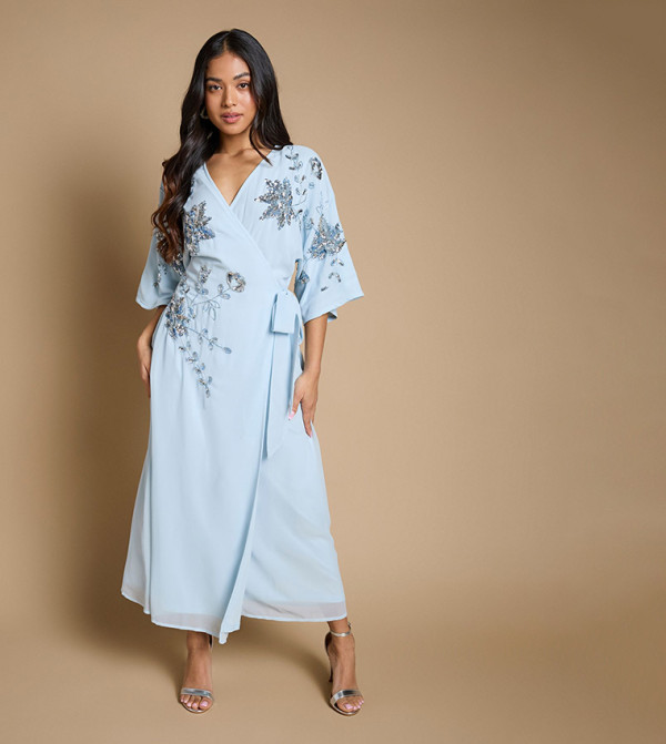 Petite Kimono Sleeves Trailing Embellished Maxi Dress