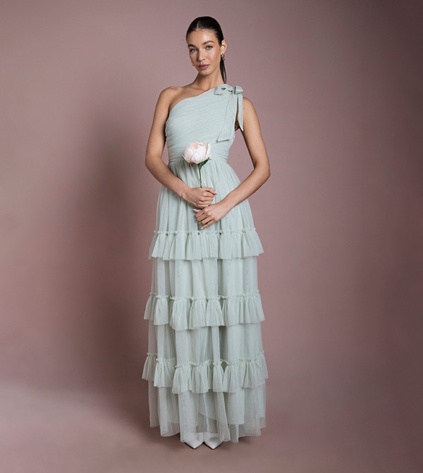 Pleated Mesh One Shoulder Tiered Maxi Bridesmaid Maxi Dress