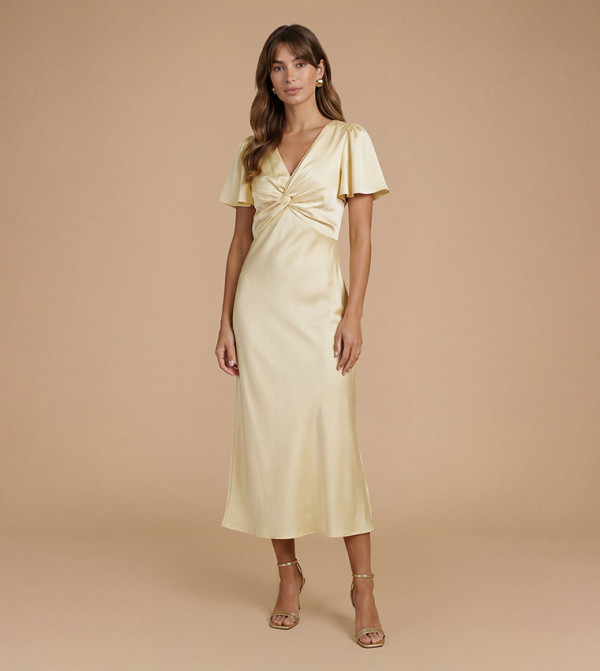 Satin Twist Front Short Sleeves Midi Bridesmaid Dress