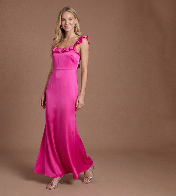 Ruffle Square Neck Satin Maxi Bridesmaid Dress