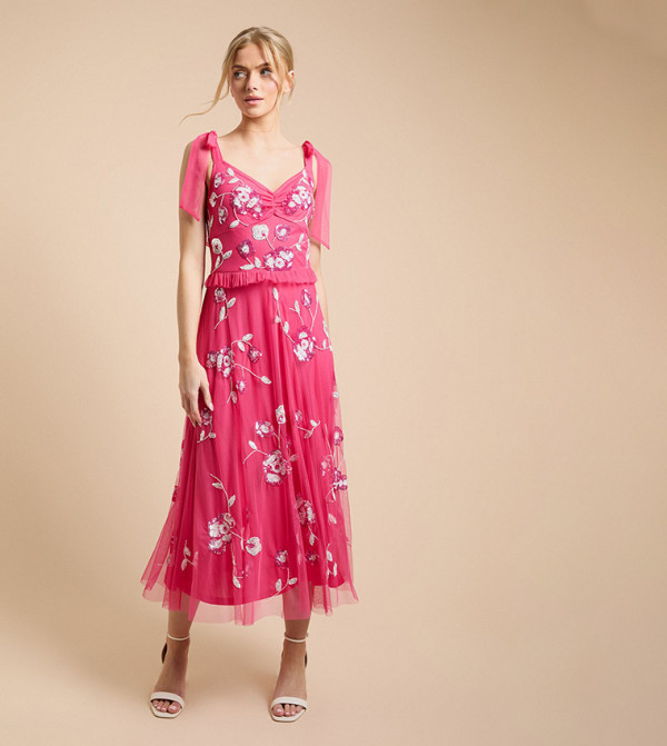 Tie Shoulder Floral Embellished Midaxi Dress