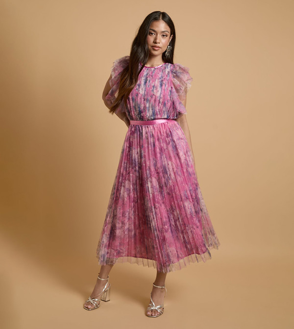 Petite Printed Pleated Flutter Sleeves Mesh Midi Dress