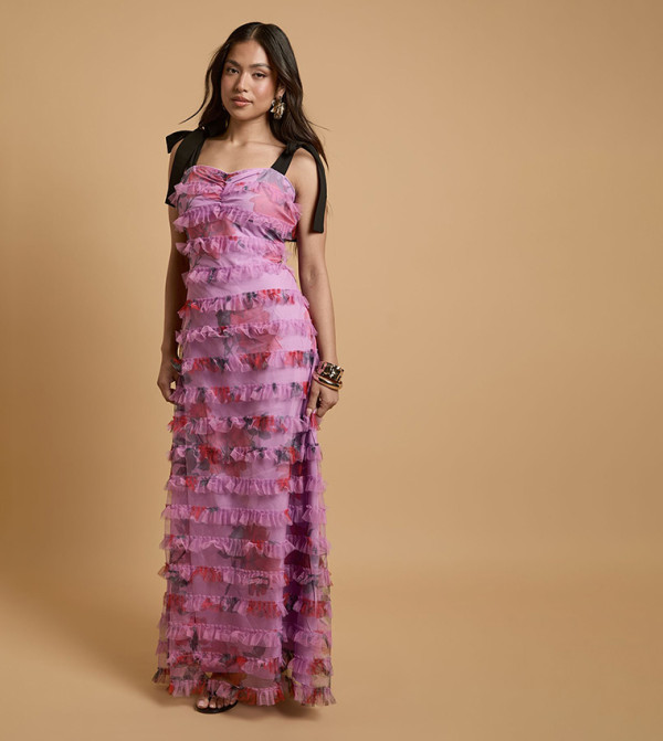 Petite Printed Tiered Mesh Tie Shoulder Maxi Dress