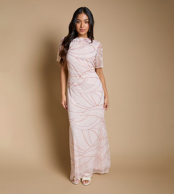Petite Linear Embellished Short Sleeves Maxi Dress