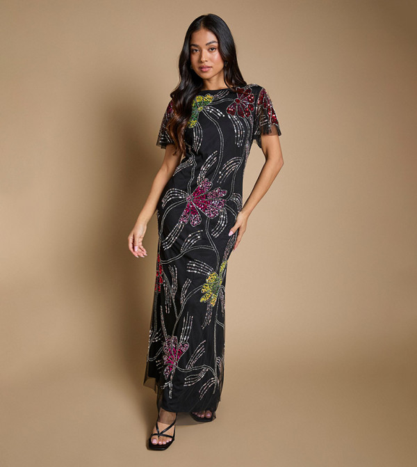 Petite Floral Embellished Short Sleeves Maxi Dress