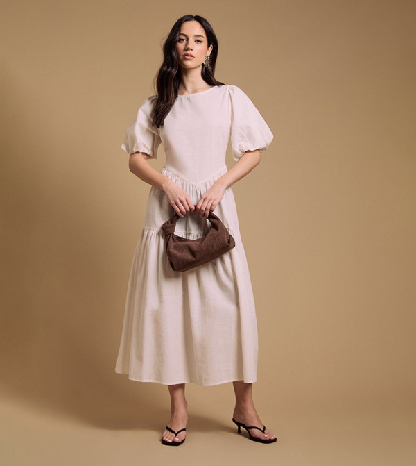 Solid Puff Sleeves Midi Dress