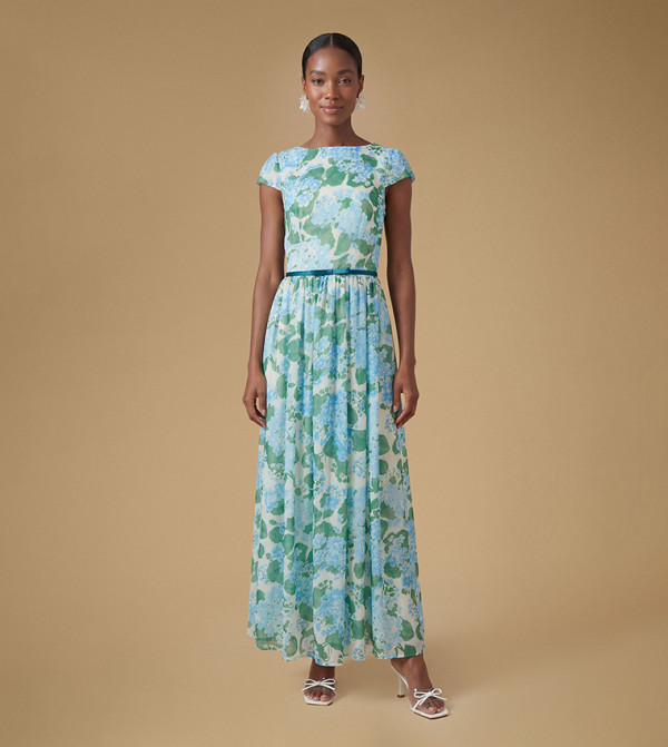Printed Cap Sleeves Hydrangea Mesh Maxi Dress