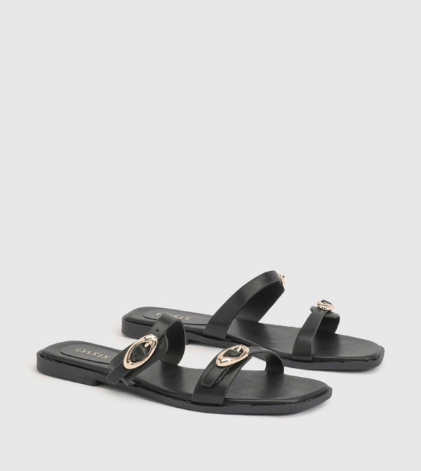 Bettie Faux Leather Double Buckle Strap Flat Sandals