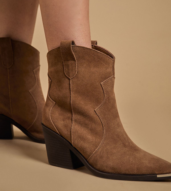 Tammy Real Suede Metal Trim Western Ankle Boots
