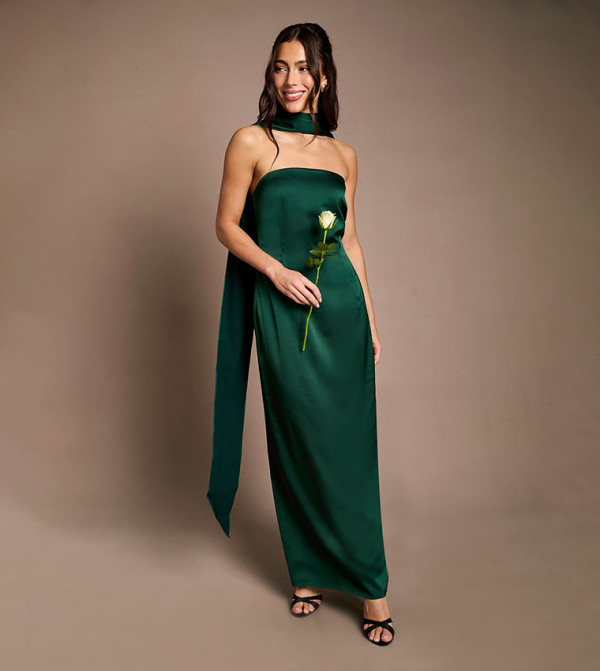 Bandeau Satin Maxi Bridesmaid Dress with Scarf