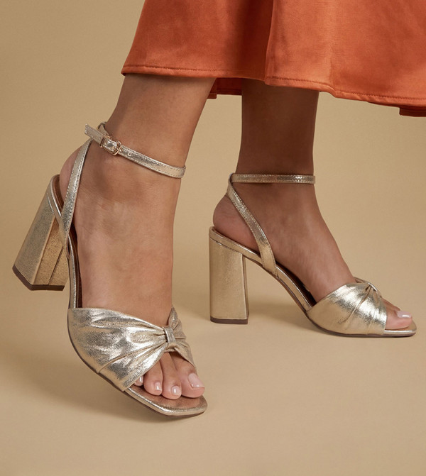 Midyim Metallic Textile Ruched Front Block Heel Sandals