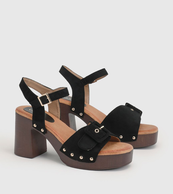 Regina Faux Suede Buckle Detail High Block Heel Sandals