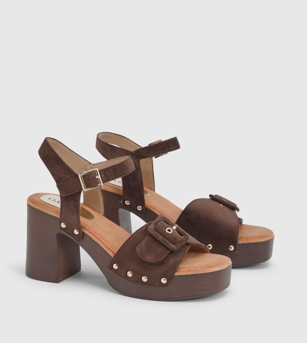 Regina Faux Suede Buckle Detail High Block Heel Sandals