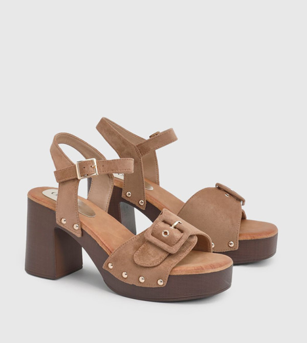 Regina Faux Suede Buckle Detail High Block Heel Sandals